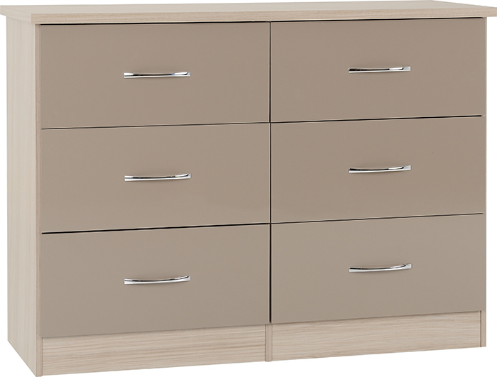 Nevada 6 Drawer Chest In Oyster Gloss & Light Oak Effect - Click Image to Close